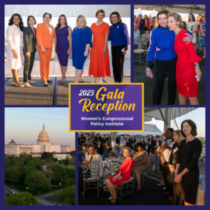 Photo collage with WCPI 2023 Gala Reception Purple and yellow logo in the center. Photos in order: Top Left: Group photo of Reps. Strong Sykes, Balint, McClellan, De La Cruz, Cammack, Lee, Pelosi. Top right: Photo of Speaker Emerita Pelosi and former Rep. and Ambassador Connie Morella. Bottom left, photo of the Capitol building at sunset. Bottom right: wide group shot of attendees seated and standing, watching the program. 